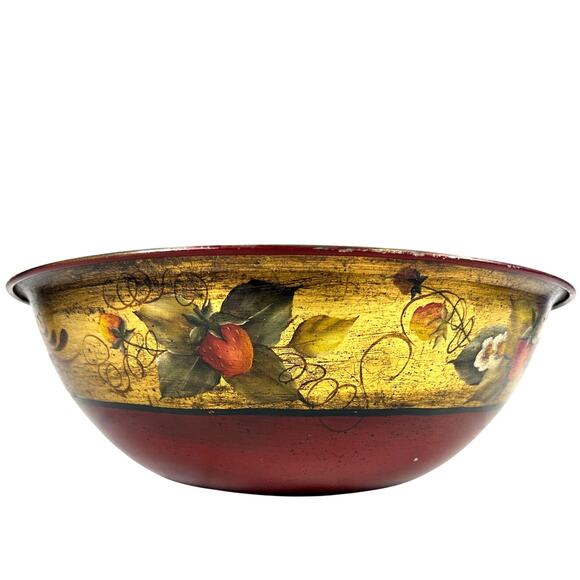 Tole Folk Art Hand Painted Red Strawberry Floral Large Stainless Serving Bowl - Picture 2 of 6